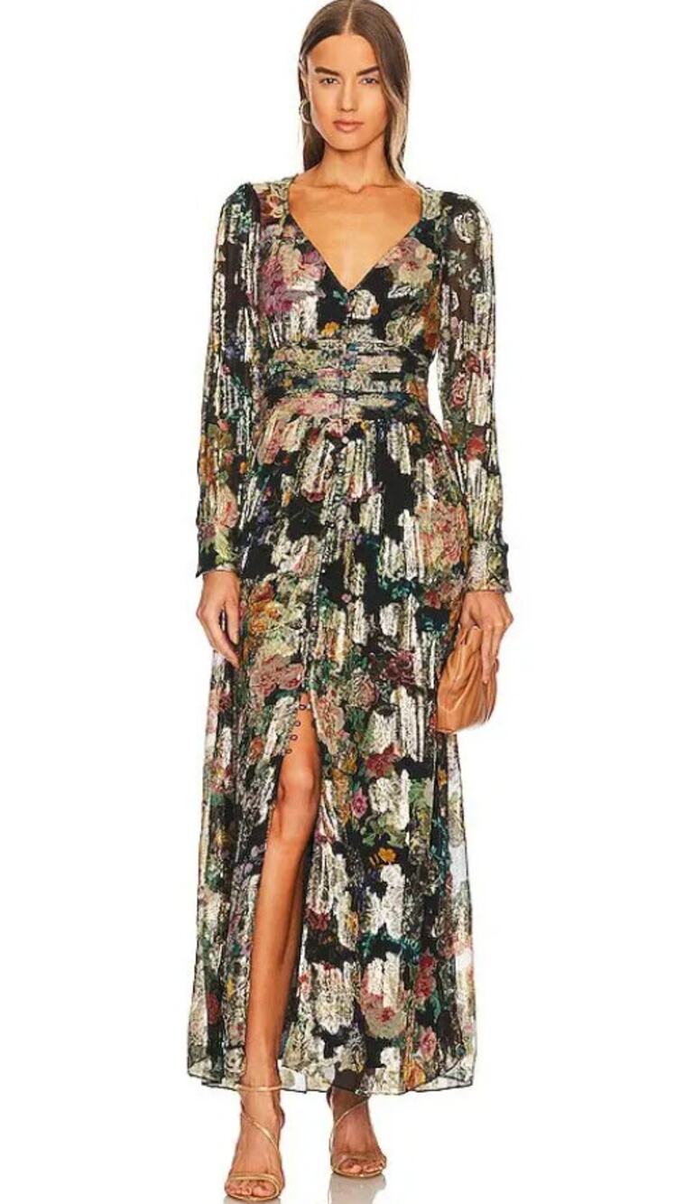 Hemant And Nandita Womens Maxi Dress Blouson Sleeve Metallic Floral Black XS NWT